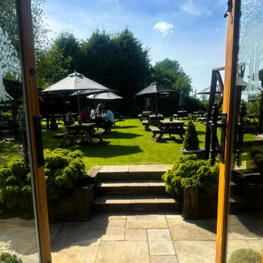 The beer garden, looking out from the doors