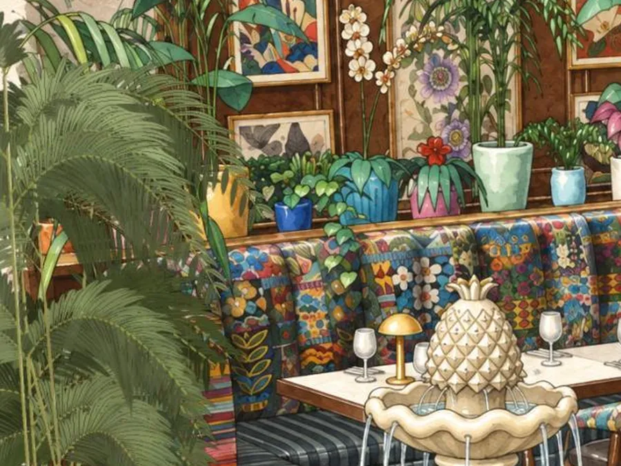 Illustration of a patterned banquette lined with potted plants beneath botanical prints