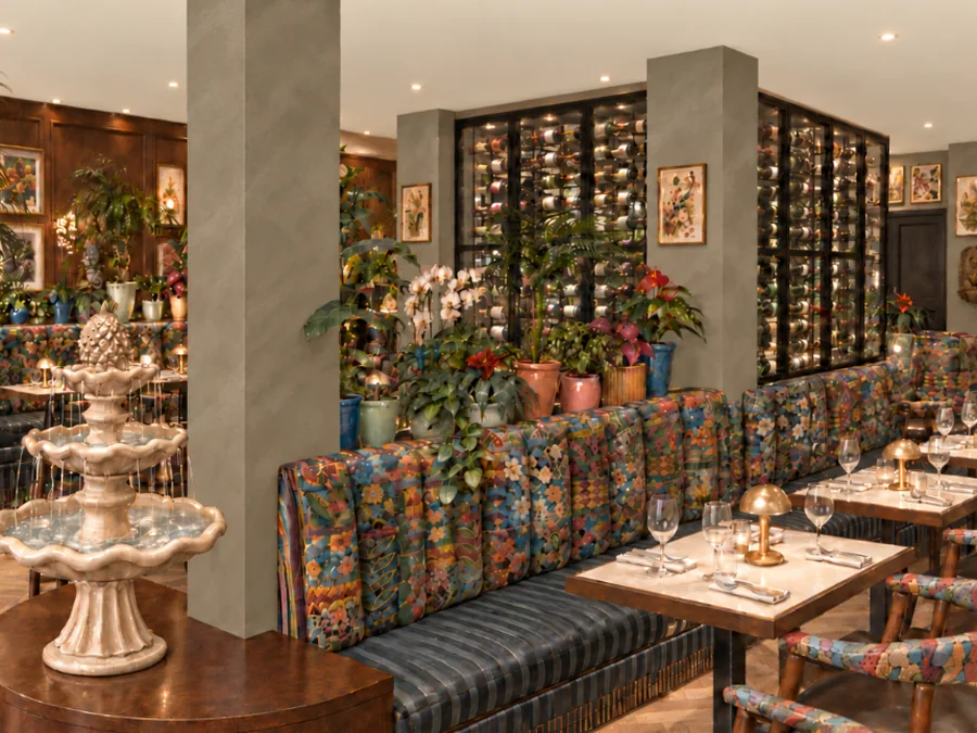 The new dining room: patterned banquettes, a tiered fountain, plants and a glass wine cellar