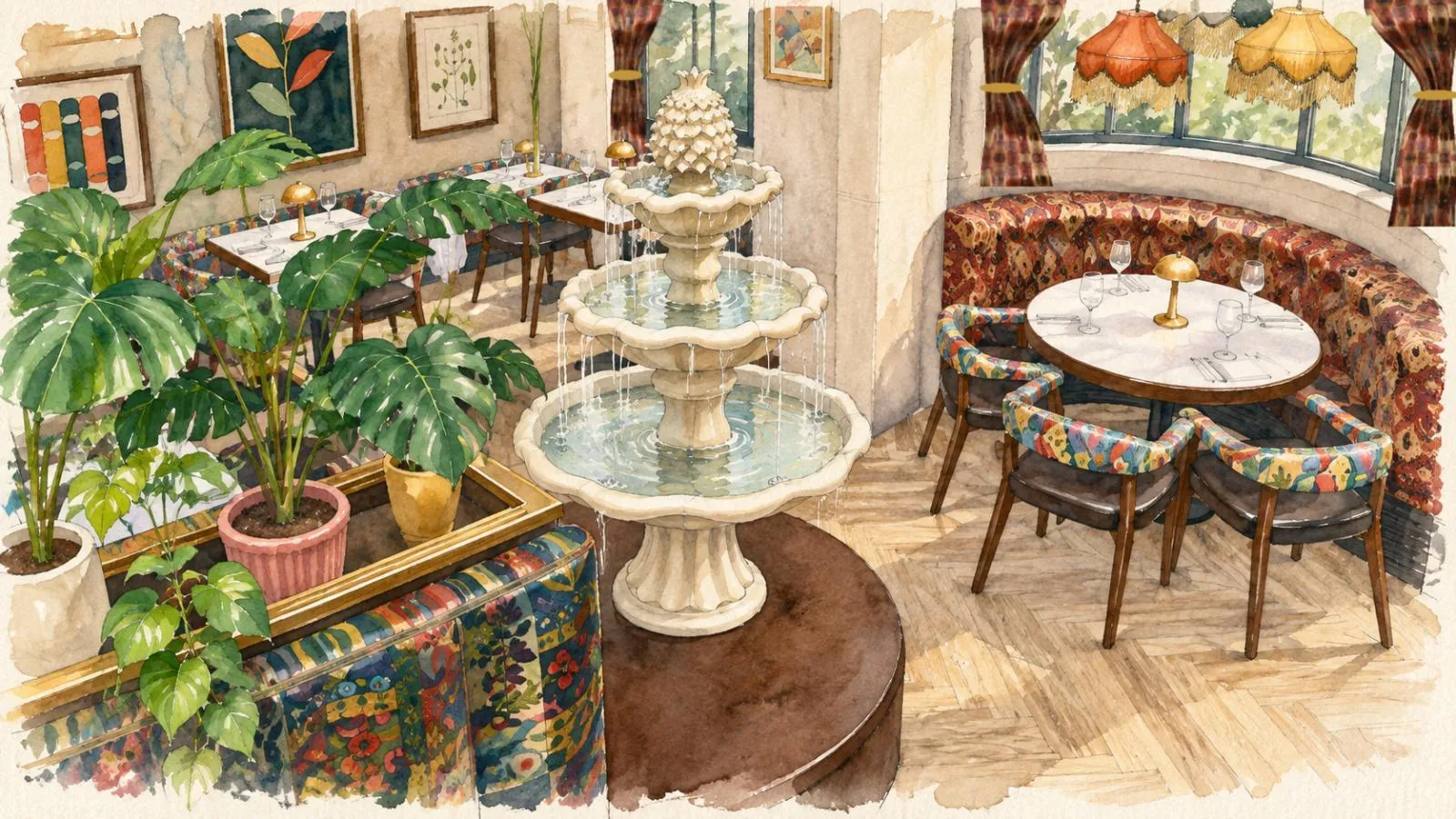 Watercolour drawing of the new-look Milehouse dining room: a tiered fountain, patterned banquettes and plants