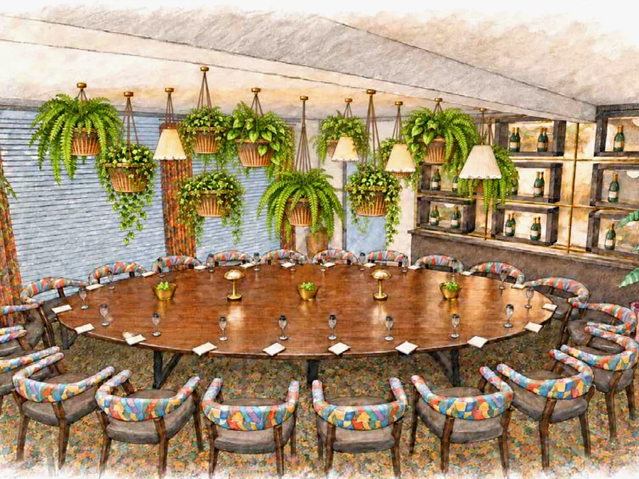 Drawing of the new Private Dining Room: a large round table beneath hanging plants