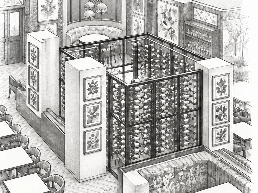 Pencil sketch of the wine cellar, with framed botanical prints on the pillars
